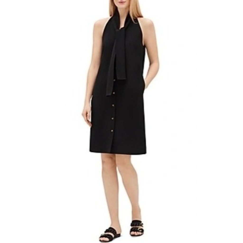 Lafayette 148 New York Nwt Black Dress Xs Tie Neck Button Sleeveless Extra Small